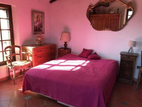 une chambre avec un lit violet et un miroir dans l'établissement Gamate, au Plan-de-la-Tour