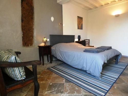 een slaapkamer met een bed en een stoel bij Le gite du barbe in Biaudos