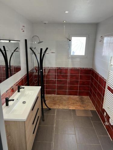 La salle de bains est pourvue d'un lavabo et d'une douche avec du carrelage rouge. dans l'établissement La villa lou miqueou, à Lit-et-Mixe
