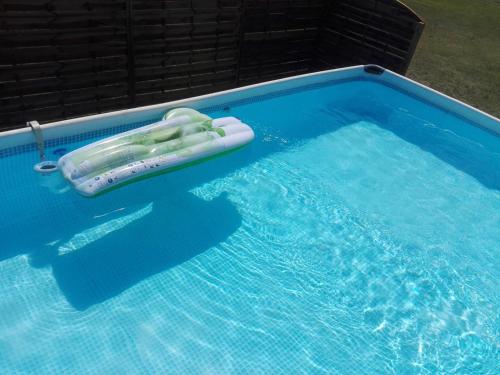a inflatable raft in a blue swimming pool at La villa lou miqueou in Lit-et-Mixe