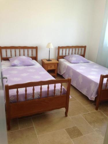 deux lits côte à côte dans une pièce dans l'établissement Les lavandes, à Moissac-Bellevue