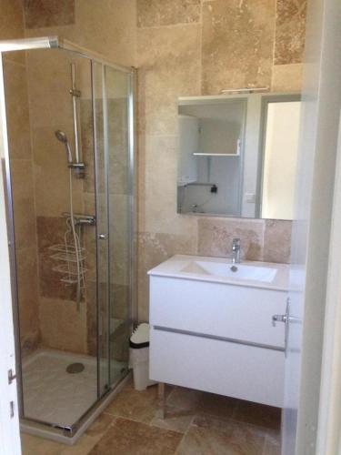 une salle de bain avec un lavabo et une douche en verre dans l'établissement Les lavandes, à Moissac-Bellevue