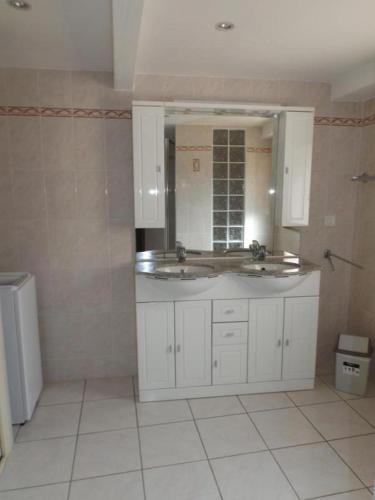 une salle de bain avec deux lavabos et un miroir dans l'établissement L'audiberte, à Laouque