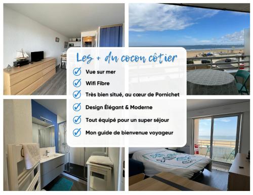 un collage de photos d'une chambre avec un panneau dans l'établissement Cocon côtier - Vue sur Mer - Parking - Proche de la Thalasso - Terrasse, à Pornichet