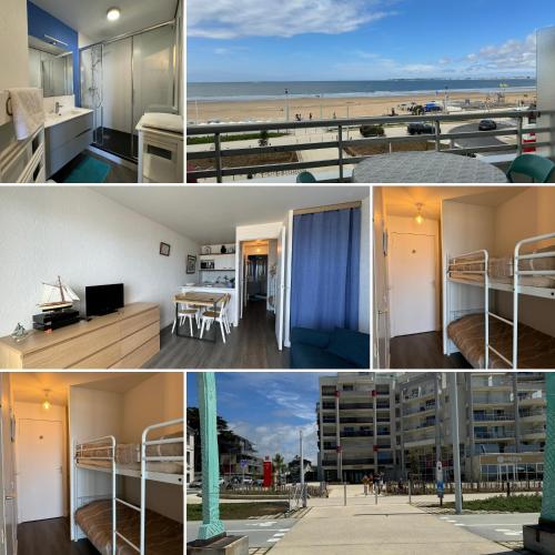 un collage de photos d'une chambre avec lits superposés dans l'établissement Cocon côtier - Vue sur Mer - Parking - Proche de la Thalasso - Terrasse, à Pornichet