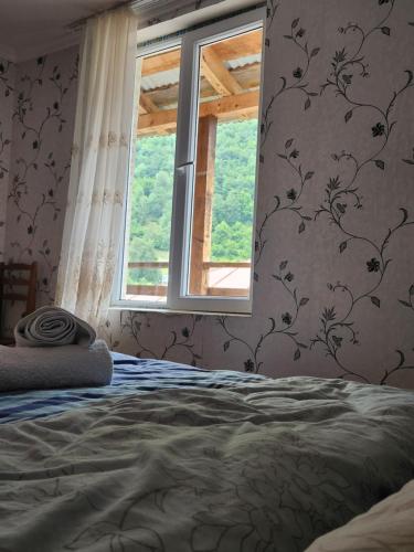 a bedroom with a bed in front of a window at Iason Guest House in Mazeri in Mestia
