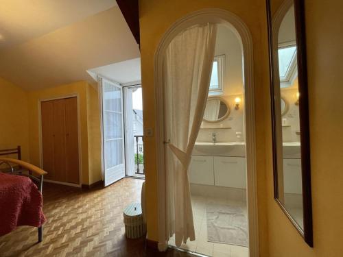 Lucq-de-BéarnにあるPetit gite lavieの洗面台と鏡のあるバスルーム