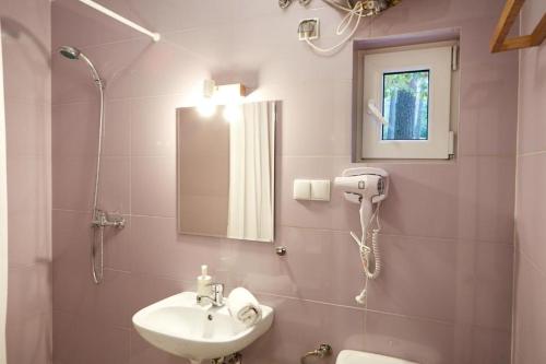 a bathroom with a sink and a toilet and a mirror at Ośrodek Wypoczynkowy Nad Zatoką in Koronowo