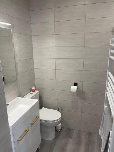 une salle de bain avec des toilettes blanches et un lavabo dans l'établissement Charmant Appart clim 6 pers, Sorgues Vaucluse 1, à Sorgues