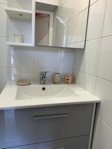 une salle de bain avec un lavabo blanc et un miroir dans l'établissement Studio Tassin centre, à Tassin-la-Demi-Lune