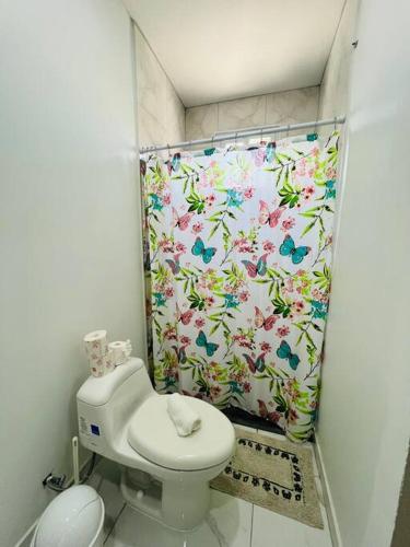 a bathroom with a toilet and a shower curtain at The Gold Vacation Apartments in Santa Cruz