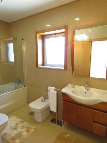 a bathroom with a sink and a toilet and a mirror at Casas Solar da Torre in Navais
