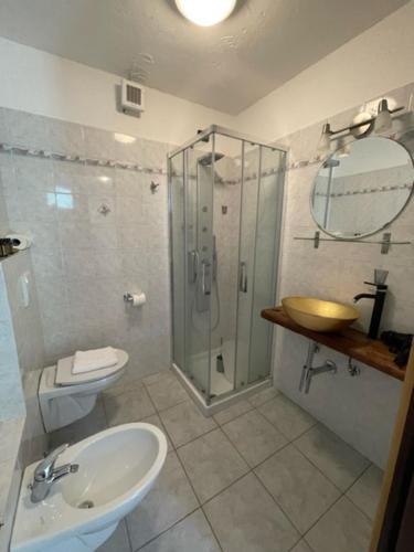 a bathroom with a shower and a sink and a toilet at Rifugio Baita Belvedere in Champoluc