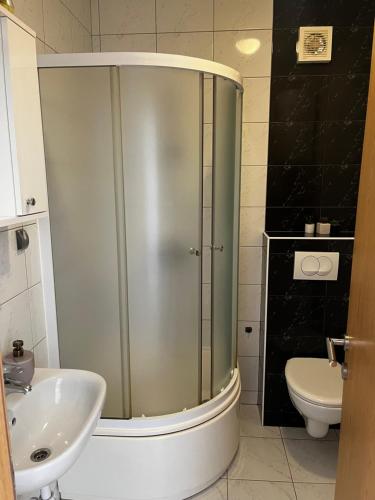 a bathroom with a shower and a sink and a toilet at Oaza mira in Podstrana