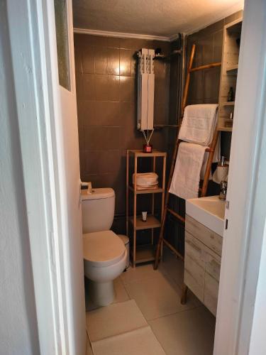 a small bathroom with a toilet and a sink at Villa Pelagia in Korinthos