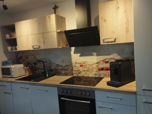 a kitchen with a sink and a counter top at Kathis Burgblick in Rottenmann
