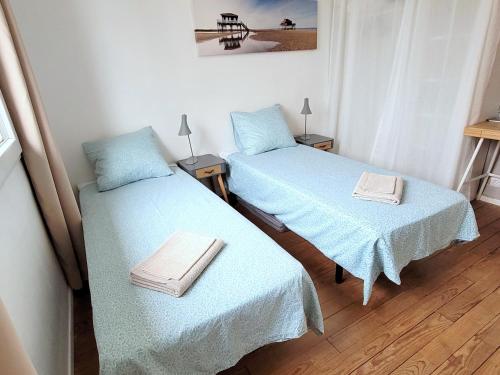 - 2 lits dans une chambre avec des draps bleus dans l'établissement Villa avec jardin à Bordeaux, à Bordeaux