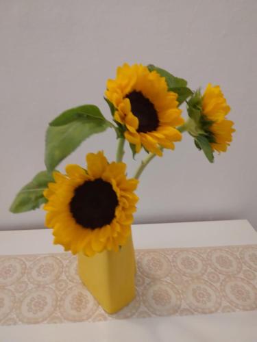 a yellow vase with yellow sunflowers in it at Casa Martini in Lido degli Estensi