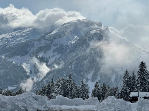 a mountain covered in snow with trees and clouds at Alprestaurant Stäldeli in Flühli