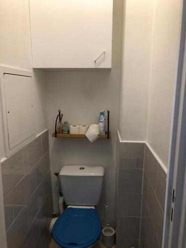 Elle comprend une petite salle de bains pourvue de toilettes avec un siège bleu. dans l'établissement Cité jardin, à Stains