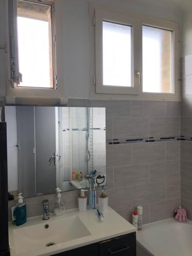 une salle de bain avec un lavabo et un miroir dans l'établissement Cité jardin, à Stains