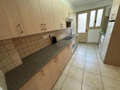 a kitchen with wooden cabinets and a counter top at city center accommodation in Nicosia