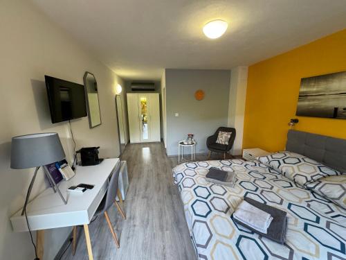 a room with a bed and a desk and a television at Penzion Miromar in Podivín