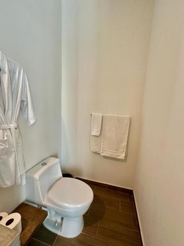 a bathroom with a white toilet and towels at Quinta Los Caballos in Ajijic