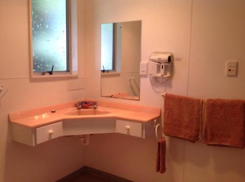 La salle de bains est pourvue d'un lavabo et d'un miroir. dans l'établissement Breeze Motels, à Greymouth