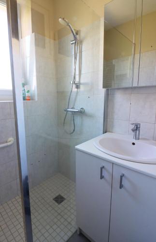 une salle de bain blanche avec une douche et un lavabo dans l'établissement Location de Chambres Bienvenue chez Mémé, à Treigny