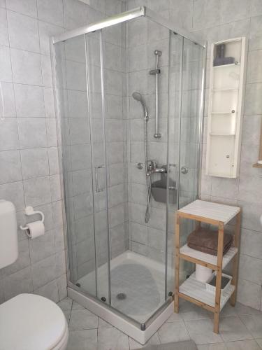 a shower with a glass door in a bathroom at Bungalov in Gozd Martuljek