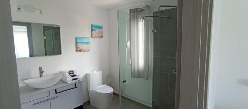 ラス・テレナスにあるSabrina Plaza Residenceのシャワー、トイレ、洗面台を備えたバスルーム