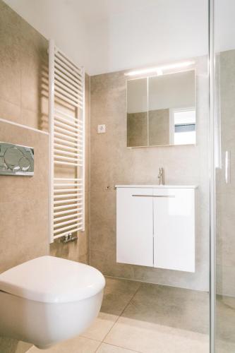 a bathroom with a white toilet and a sink at Appartementen Sonnenhof in De Koog
