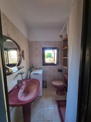 La salle de bains est pourvue d'un lavabo rose et de toilettes. dans l'établissement Villa au bord de la mer accès direct à la plage, à Linguizzetta