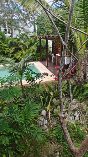 a small house with a deck next to a pool at Tu Departamento en Mahahual in Mahahual