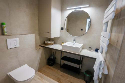 a bathroom with a white sink and a mirror at Gyulai Várpark Apartman 2 in Gyula