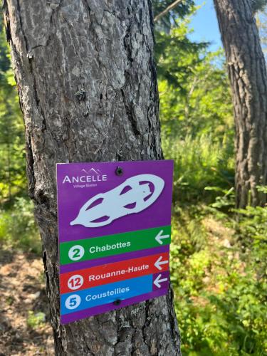 a sign is attached to a tree at Appartement 4 couchages avec terrasse et local à vélos in Ancelle
