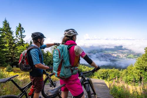 two people walking their bikes on a wooden trail at Das Kronberg Hotel - Adults Only - inkl Soft- und Heißgetränkeflat in Bodenmais