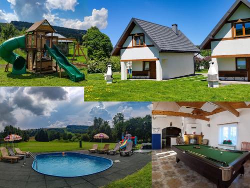 a collage of photos with a house and a pool at Domki - Noclegi Pod Ostrym Działem in Ustrzyki Dolne