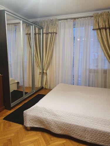 a bedroom with a bed and a large window at Затишна Квартира в центрі міста in Luts'k