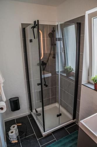eine Dusche mit Glastür im Badezimmer in der Unterkunft KasselRooms II in Kassel