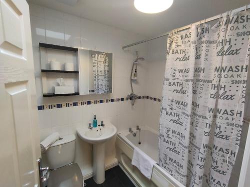 ein Badezimmer mit Waschbecken, Toilette und Duschvorhang in der Unterkunft Landau House in Bristol
