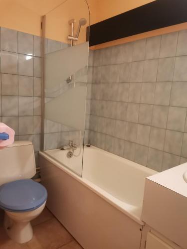 une salle de bain avec toilettes, baignoire et lavabo dans l'établissement Beau Studio la Mongie, à Bagnères-de-Bigorre