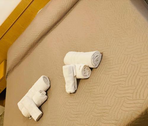 dos toallas están sentadas en una cama en hotel iris, en Rímini