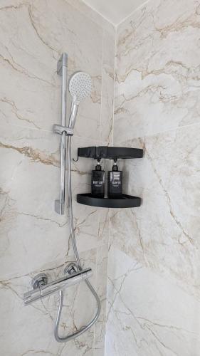 une douche murale avec sèche-cheveux dans l'établissement *J'y suis j'y reste* - proche de Paris, à Villejuif