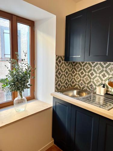 une cuisine avec des armoires bleues, un évier et une fenêtre dans l'établissement Maison de ville avec garage au centre-ville, à Carcassonne