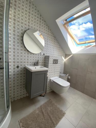 bagno con servizi igienici, lavandino e lucernario. di Siedlisko Białe Błota a Skorzewo