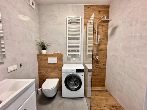 a bathroom with a washer and dryer in it at Vidok Residence Apartments in Młoszowa