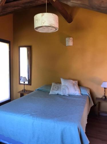 ein Schlafzimmer mit einem großen Bett mit blauer Bettwäsche in der Unterkunft Casa Tulio y Rosa in Sierra de los Padres