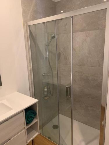 une douche avec une porte vitrée dans une salle de bain dans l'établissement Studio hyper centre parking facile, à Agen